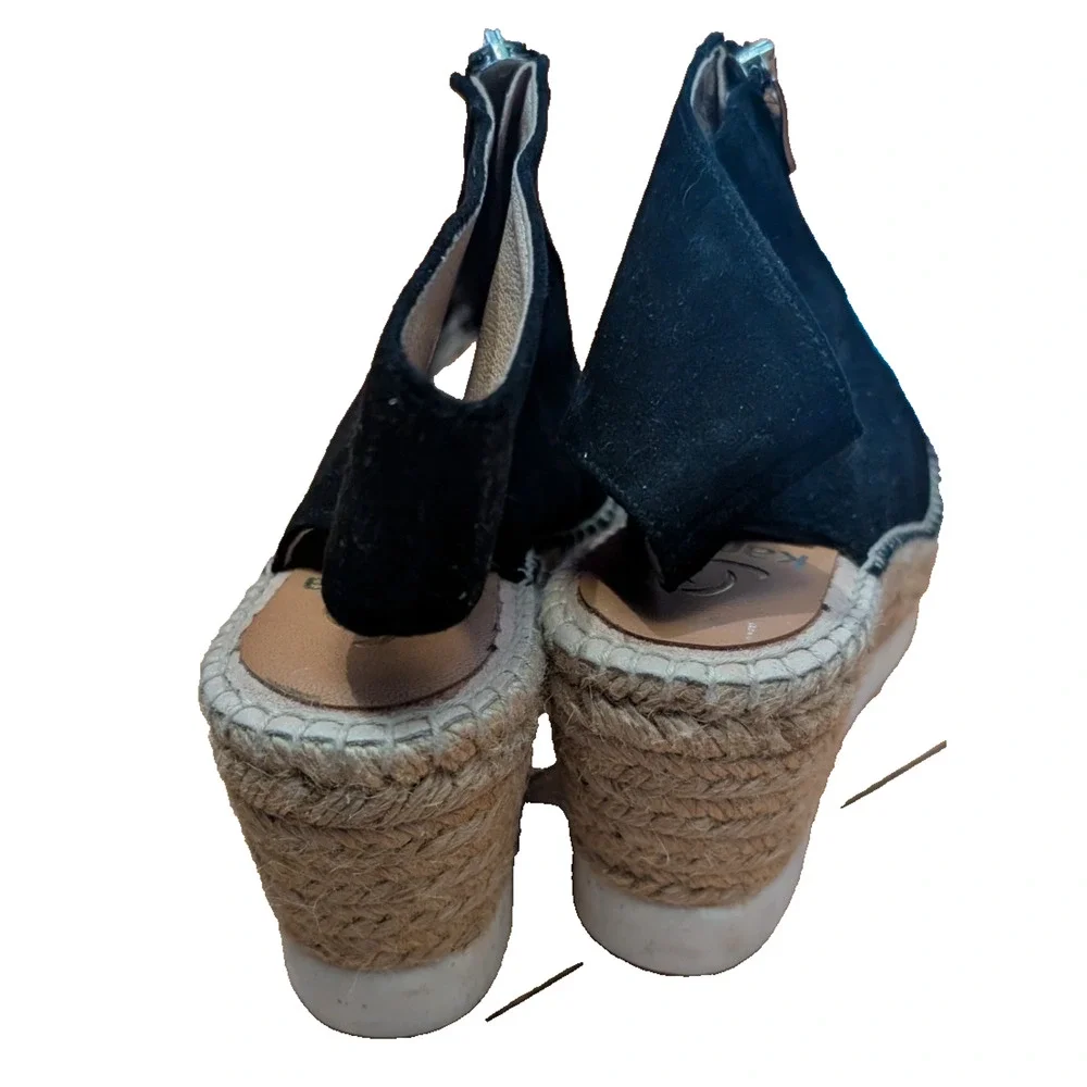 Kanna Womens Moira‎ Sandals Black Suede Wedge Espadrilles Sandals Size 37